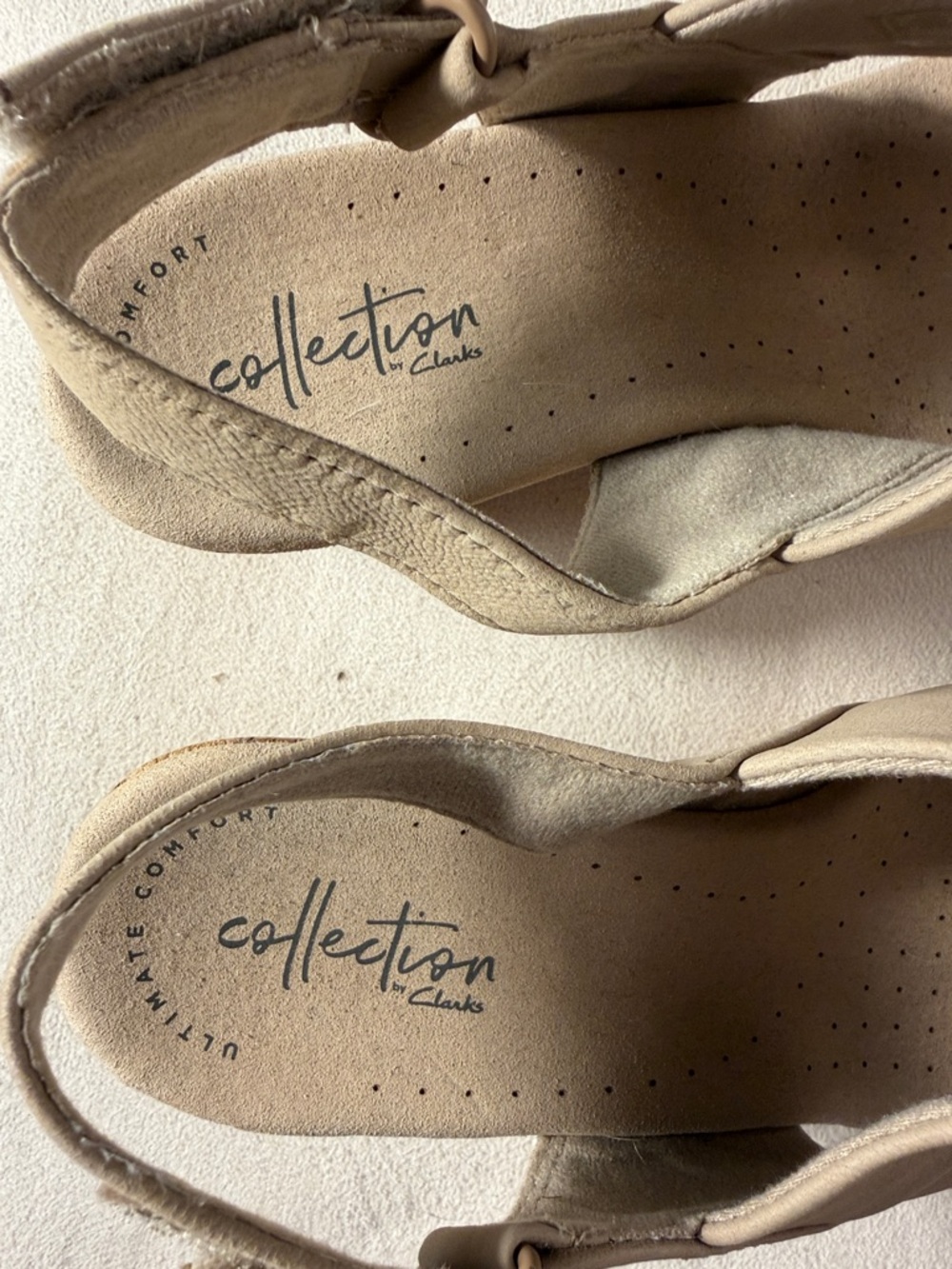 Clarks Taupe Leather Cork Slingback Wedges - Picture 5 of 12